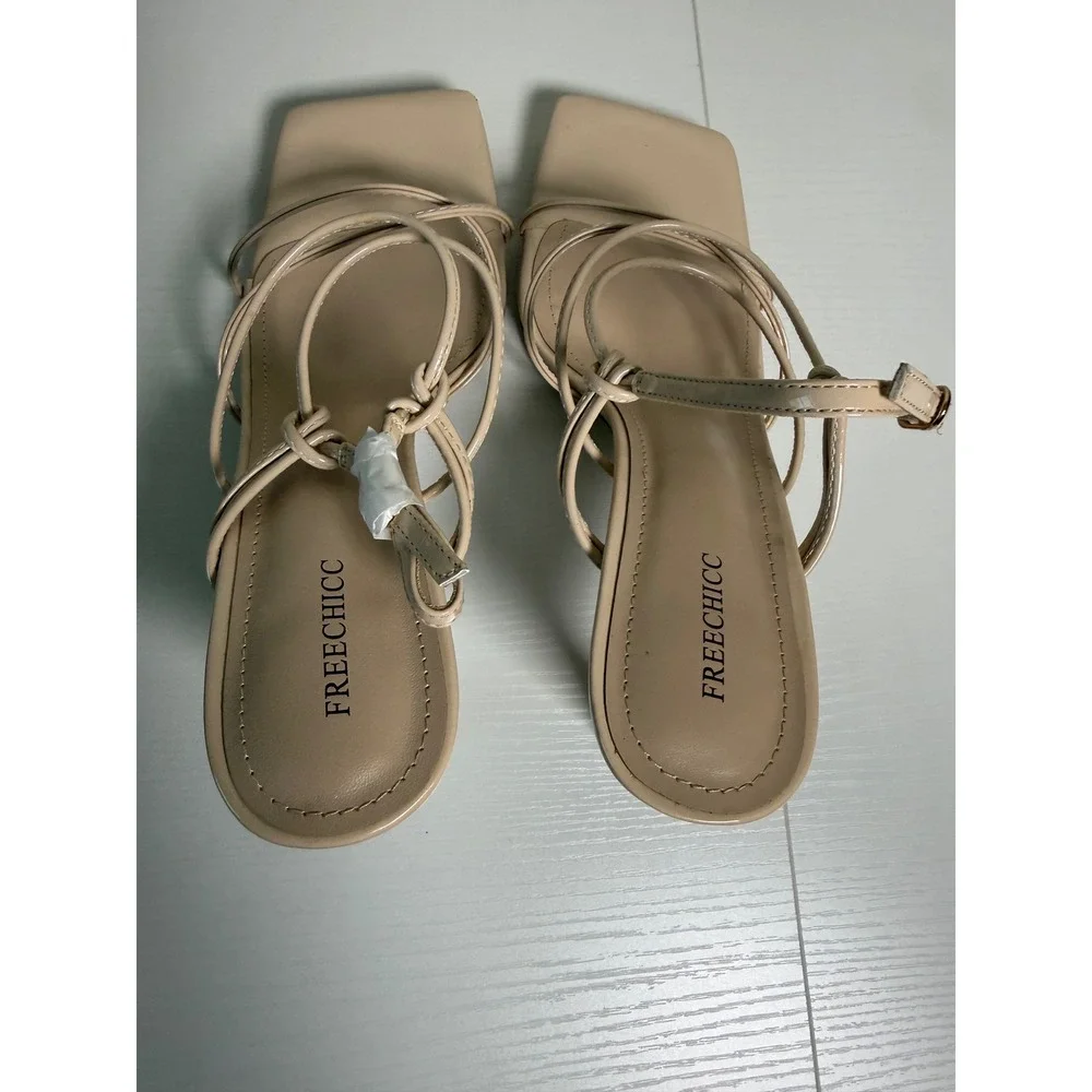 Freechicc Nude Beige Strappy Square Toe Heeled Sandals Size 9 Patent Knotted